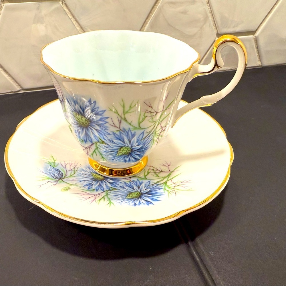 Royal Adderley Bone China Blue Floral Delicate ‘Love In A Mist’ Teacup & Saucer